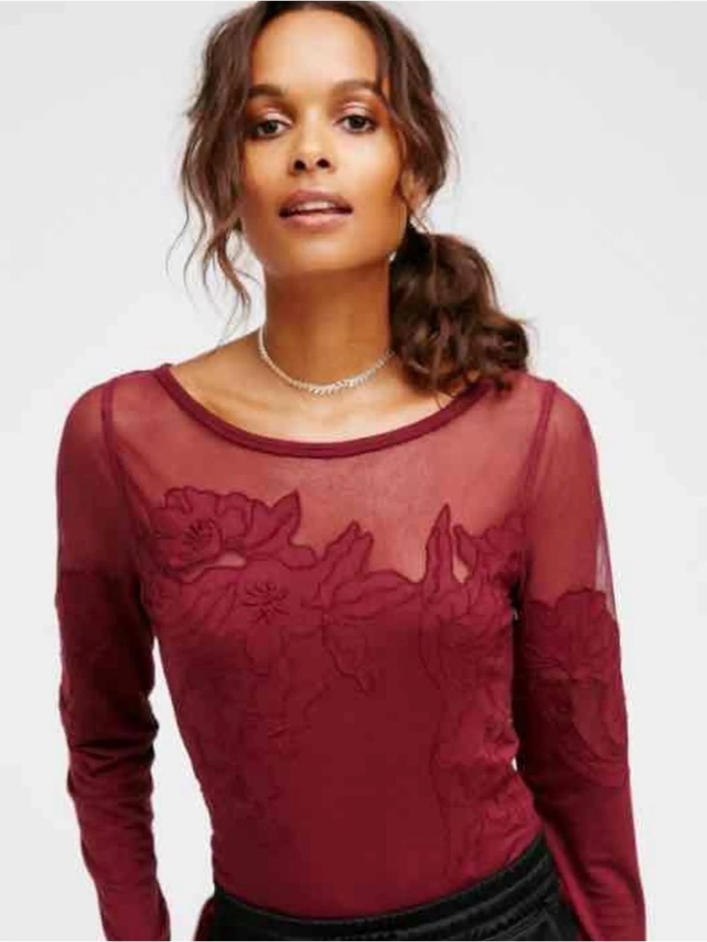 Free People Daniella Top M Burgundy Floral Mesh Embroidered